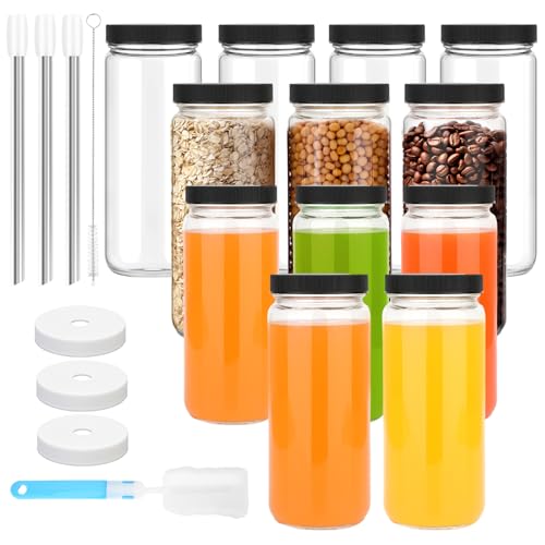 Image of Zukro Glass Juice Bottles with Lids 16 oz| 12 Pack Wide Mouth Leak Proof Clear Reusable Drinking Jar Container With 3 Straws For Juicing, Smoothie, Water, Bubble Tea| BPA-Free & Airtight|