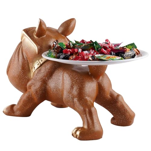 Image of Cool Bulldog Key Bowl & Accessory Tray - Matte Black & Gold Resin Dog Sculpture Multifunctional Organizer Showpiece for Keys Watches & Candy (Brown with Sprinkles, Dog with Tail Plate)