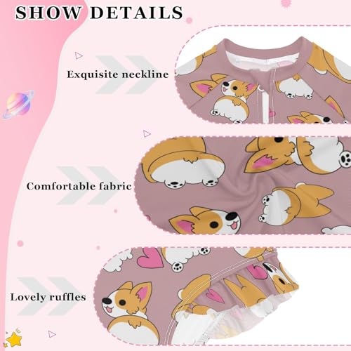 Funny Corgi Girls Long Sleeve One Piece Swimsuit Zipper Bathing Suits 3-12Y4