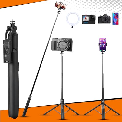 Image of Long Selfie Stick Tripod for Mobile | 62 inch Extendable Aluminum Tripod Stand with Bluetooth Remote | 360 Rotation | Vlogging for iPhone & Android | Travel Selfie Stick | Ring Light Mount
