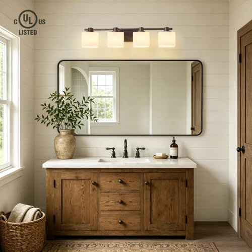 Image of 32 Inch Oil Rubbed Bronze Vanity Light for Bathroom Light Fixtures Over Mirror 3 Light Bathroom Vanity Light Vintage Rustic Farmhouse Lighting Bulb lamp Modern Above Sink wall Sconce
