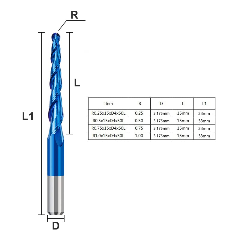 4pcs 2-Flute Tapered Ball Nose Spiral End Mill R0.25-1.0 Carbide Milling Cutter CNC Router Bit Wood Cutters Tools 2D and 3D Engraving Carving Woodworking Bits