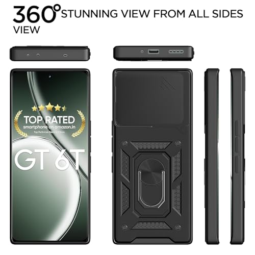 Image of Pikkme D10 Tough Armor Bumper Case | 360 Protection Case | Sliding Camera Shield Cover & Ring Holder Stand Back Cover for Realme GT 6T 5G / GT Neo 6 SE 5G (Black)