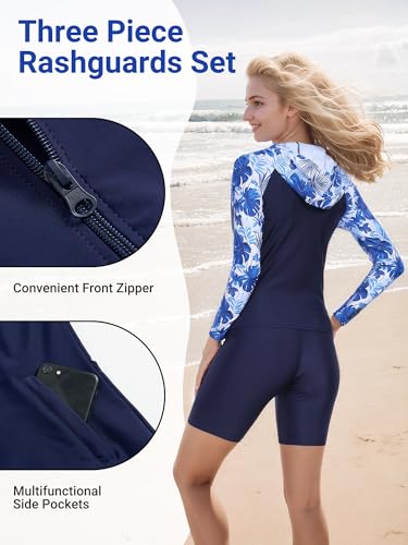 Owntop Womens 3-Piece Rash Guard | UPF50+ Swimsuits Hooded UV Shirt | Long Sleeve Zipper Rashguard Shirts & Bikini Top & High Waist Boyshorts | Swimming Surfing Modest Swimwear | Blue L - Image 5