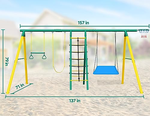 Osoeri Swing Sets for Backyard, 6-in-1 Toddler Outdoor Playset, Heavy Duty Metal Backyard Swing Sets with 2 Swings, Climbing Ladder and Nets,Trapeze Bar and Basketball Hoop (Green)