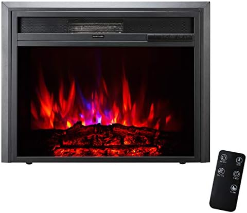 XBrand 32 Inch Insert Electric Fireplace Heater with Remote Control, LED Rolling Flame Effect, and Temperature Limiting Control, Glass and Steel Indoor, Black - Thumbnail 2