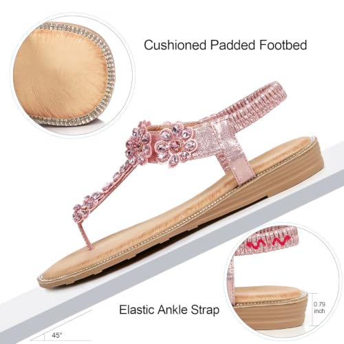Image of iCKER Women Flat Thong Sandals Rhinestone Sparkly Boho Elastic Ankle Strap | Elastic ankle strap,non‑slip,matches summer dresses,for vacation,wedding,evening and festival