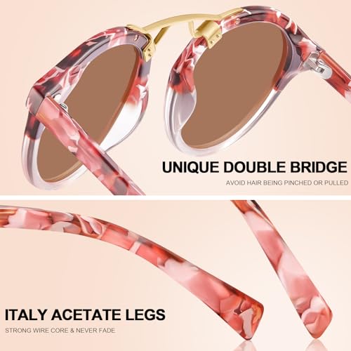 Image of CARFIA Small Face Acetate Polarized Sunglasses for Women UV Protection, Retro Double Bridge Eyewears Metal Brow Round Sunnies