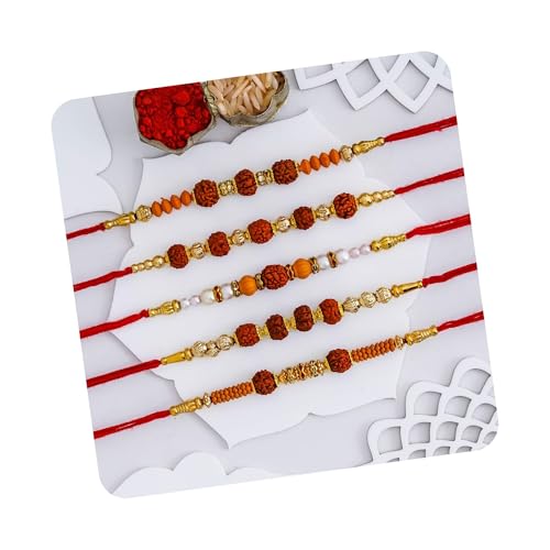 Image of eCraftIndia Set of 5 Multicolor Beads Pearls Diamond Rudraksha Rakhis for Brother Bhaiya Bhai | Roli Chawal Pack | Raksha Bandhan Rakhi