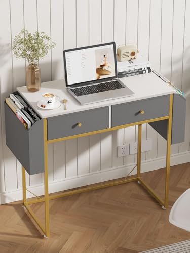 Flycity Small White Desk with Drawers, Home Office Desks with Storage Bags, 32 Inch Writing Desk, Simple Study Work Table, Vanity Desk for Bedroom, Modern Computer Desk for Small Spaces