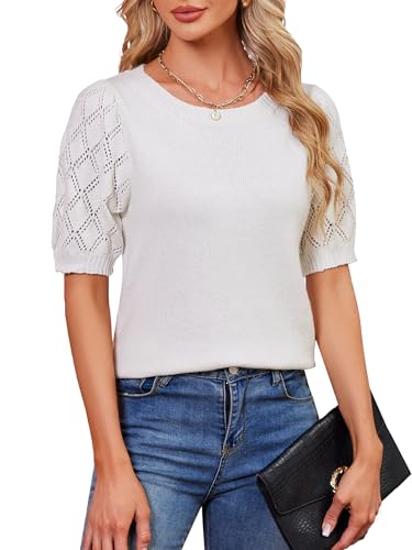 Image of White Short Sleeve Summer Sweater Tops for Women Puff Sleeve Top Dressy Casual M