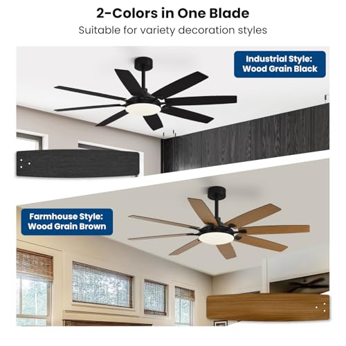Image of Conciseer Modern 65 Inch Ceiling Fans with Lights and Remote for Living Room Home Office Indoor /Outdoor,3CCT LED 36W, Dual Color 8 Blades 6 Speed Reversible Quiet DC Motor, Black /Wood Grain