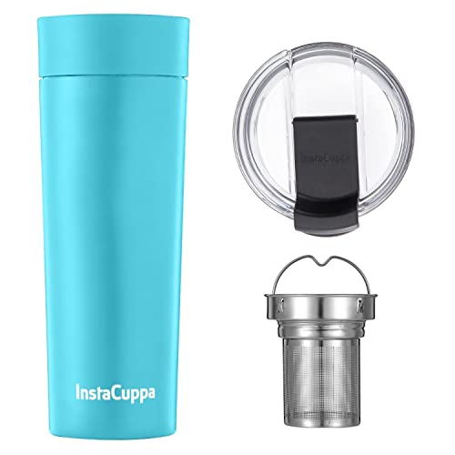 Image of InstaCuppa Vacuum Insulated Coffee, Tea Thermosteel Travel Mug 470 ML, Includes 2 Unique Lids, Stainless Steel Filter Unit, Powder Coated Matte Finishing, Green