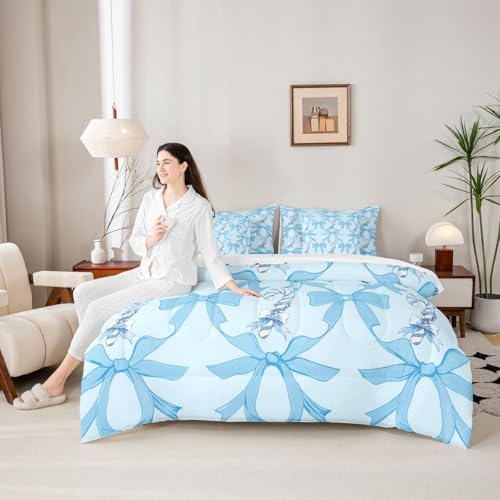 Image of Kawaii Comforter Set 7 Piece Bed in a Bag Twin | Blue Bow Bedding Sets Santa Sticks Candy Canes Comforter and Sheet Set, Dreamy Ribbon Princess Bowknot Bed Sets,Cute Aesthetic Room Decor