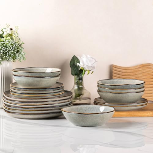 Image of AmorArc Ceramic Dinnerware Sets,Handmade Reactive Glaze Stoneware Plates and Bowls Sets,Highly Chip and Crack Resistant | Dishwasher & Microwave Safe Dishes Set,Service for 4 (12pc)