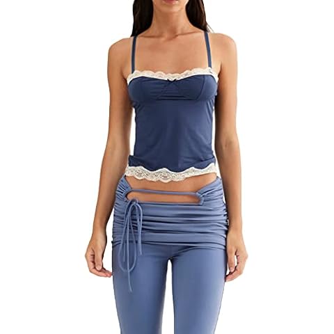 RUEWEY Women's Floral Print Tank Tops Sleeveless Lace Trim Bow Front Slim Fit Crop Tops (I-Blue, S) Cover