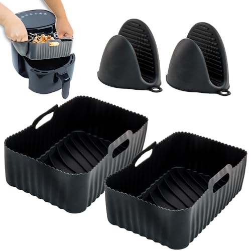 Satigo 2PC Silicone Air Fryer Liner - Durable & Non-Stick Air Fryer Liners with Silicone Gloves for Protection - Multi-Purpose Air Fryer Accessories for Ovens, Microwaves, Single & Dual Air Fryers