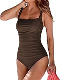 Brosloth Damen Badeanzug Badeanzüge Einteilige Bauchweg Bademode Swimsuit One Piece Push Up Badeanzüge Plus Size Badebekleidung Farbe: Kaffee, Groesse:XXL