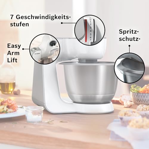 Bosch Küchenmaschine Serie 4, Knethaken, Rühr- & Schneebesen Edelstahl, Edelstahlschüssel spülmaschinenfest, 3D Rührsystem, weiß/silber, MUM58200
