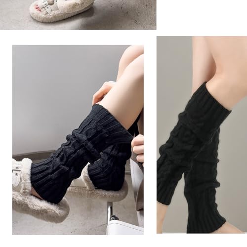 Image of QUUPY 1 Pair Black Knit Knitted Leg Warmer Knee High Winter Thermal Warm Long Boot Socks Women Footless Socks for Yoga Ballet Dance