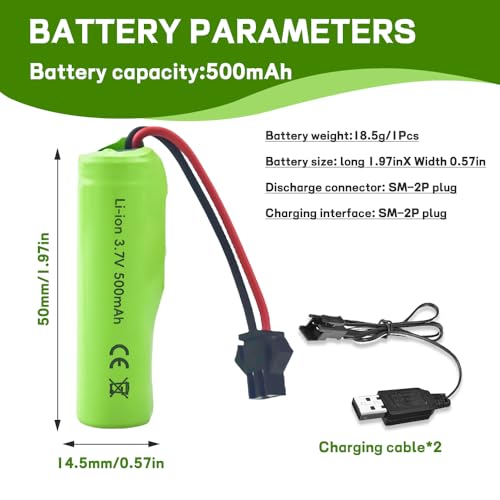 Dhqkqg 2 Stück 500mAh 3.7V RC Akku, Wiederaufladbare Lithium-Batterien mit UBS Ladekabel SM-2P Stecker, Universal Li-Ion Battery Compatible Für RC Fahrzeuge, Boote, Panzer, Auto, Roboter, Stunt Car