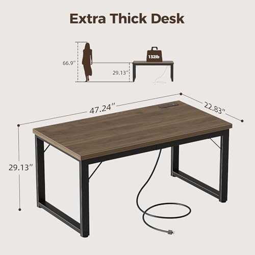 Image of Mericonia 48 Inch Computer Desk with Power Outlets, 1.2 inch Thick Office Table | Modern Simple Style, Heavy Duty Industrial Frame, Small Study & Writing Table for Home Bedroom Work, Walnut