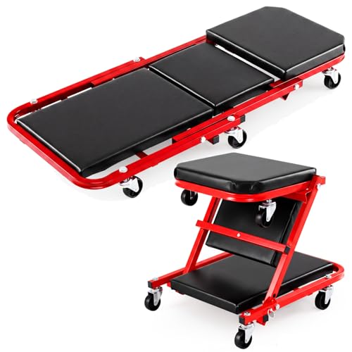 TANGZON 2-In-1 Folding Mechanics Creeper Seat 150KG Convertible Padded Rolling Car Creeper with 6 Universal Wheels Heavy Duty Roller Garage Seat (150kg Black+Red 92 x 41 x 12 cm)