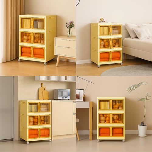 Image of Tarkan DIY Stackable Storage Cabinet with Wheels, 50x25x72 cm, 3-Tier Magnetic Door Organiser, Transparent Panels, Cream