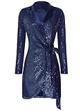 Freebily Femme Tendance Robe Soirée Cocktail Boîte De Nuit Robe à Manches Longues avec Doublure Satin Tenue à Paillettes Disco Clubbing Bleu S