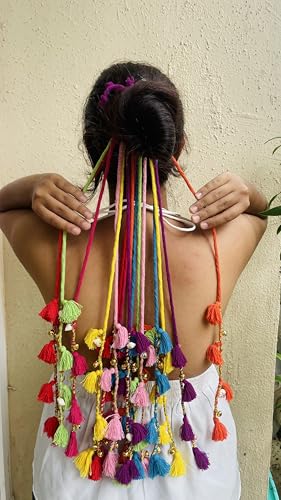 Image of Zippy Flora Boho Handmade Colorful Hair Strings for Navratri | Ethnic Look Bohemian Styling Hair Accessories for Women & Girls | Multicolor Braided Hairband, Thread Hair Extensions for Festive Hairstyles (Phuljhadi String, Multi Bright Colors)
