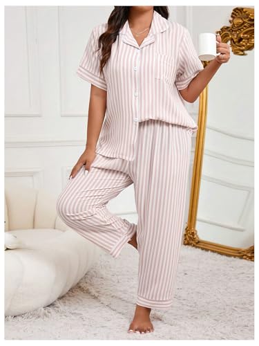 Verdusa Women's Plus Size 2 Piece Striped Pajama Sets Lounge Sleepwear Button Down Shirt with Pants4