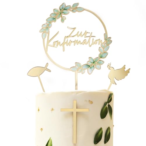 4 Stück Tortendeko Konfirmation inkl. Taube & Fisch & Kreuz & Zur Konfirmation Tortenstecker Cake Topper aus Acryl Gold Kuchendeko Torte Deko für Junge Mädchen Kuchen Dekoration