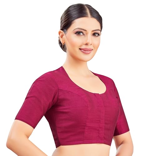 Image of Studio Shringaar Womens Basic Polyester Short Sleeves Textured Plain Coloured Art Silk Saree Blouse
