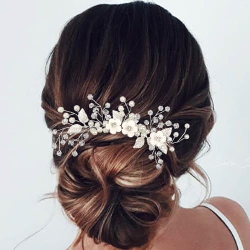 Unicra Peineta de boda para novia, accesorios de perlas y flores, tocado nupcial para mujeres y chicas