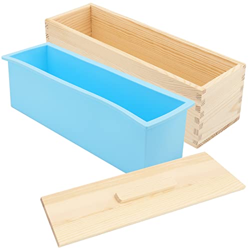 Soujap 3 Pack 42 Oz Silicone Soap Molds, Flexible Rectangular Silicone Mold With Wood Box And Cover, Soap Loaf Molds For Soap Making Supplies, Blue #TOP4