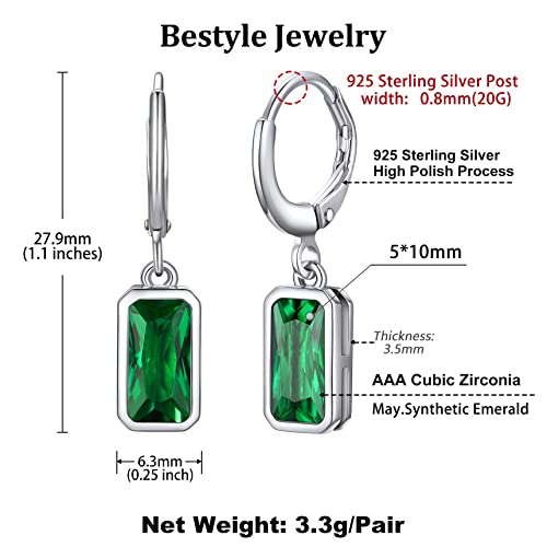 Bestyle Green Emerald Drop Earring With Hypoallergneic Silver Huggie Hoops - Shimmer May Birthstone Dangles Silver Earring For Women Girls - Dainty Cute Earrings For Mom Wife Grandma #TOP5