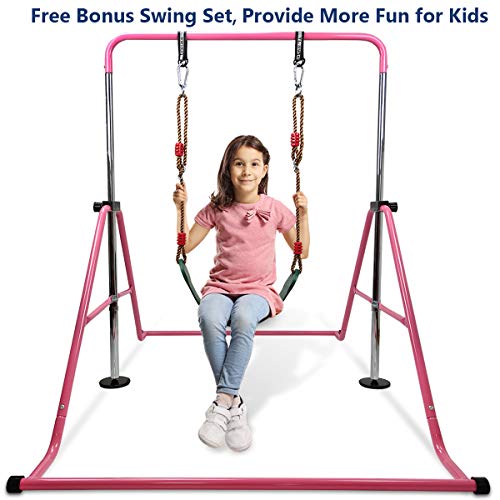 Gymnastics Bar for Kids with Swing Seat Set, Adjustable Height Folding Gymnastic Junior Training Bar Children Monkey Horizontal Bars - Max Load 170LBS(Pink)