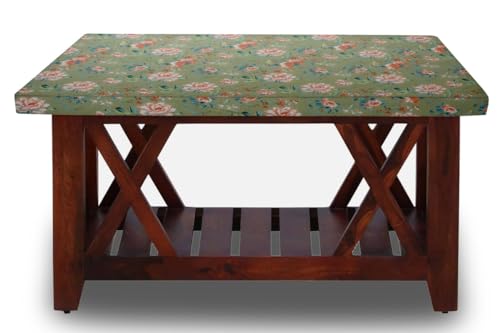 Image of The Furnishing Tree Elastic Cotton Rectangular Center Table Cover 18x48 in Inches Floral Multicolor on Greenish Base