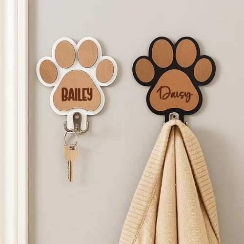 miguha Personalisierter Wandhaken aus Massivholz mit Pfotenabdruck, personalisierter Hundeschlüssel- und Leinenhalter mit Namen, Wandgarderobenhaken aus Holz(White)