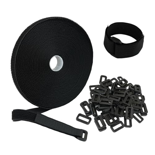 GUIDEZA® Sujetacables Reutilizables 12m x 2cm Color Negro/Bridas Reutilizables con 60 Hebillas de Plástico/Organizador de Velcro para Cables.