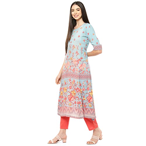 Image of Rangriti Blue Viscose Rayon A Line Dress for Women
