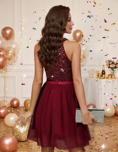 Image of Dressystar Women's Sequin Short Prom Dress Sparkly Halter Tulle Cocktail Party Homecoming Dresses