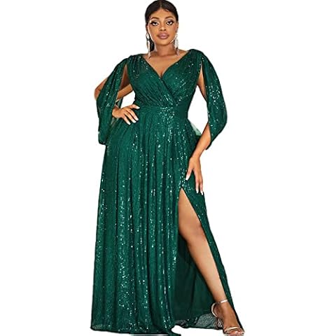 Women's Plus Size Flare Sleeve V Neck Side Split Sequin Formal Prom Dress Green Cover