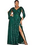 Women's Plus Size Flare Sleeve V Neck Side Split Sequin Formal Prom Dress Green