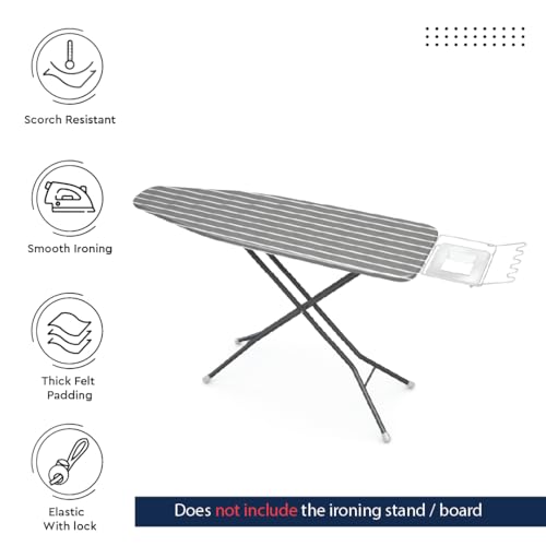 Image of Encasa XO Ironing Board Covers and Pad - 135x45 cm Fits X-Large Iron Boards, Thick 4mm Felt, Elasticated Fit, Heat & Scorch-Resistant, Elastic Bungee Cord Tightening & Lock Roma Grey Stripes