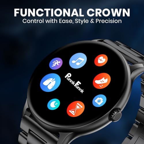 Image of PunnkFunnk Glavito Round Dial Smartwatch 1.49 inch AMOLED Display, Bluetooth Calling, Functional Crown Control, 100+ Sports Modes, IP67, Health Tracking, 100+ Watch Faces for Men & Women (Metal Black)