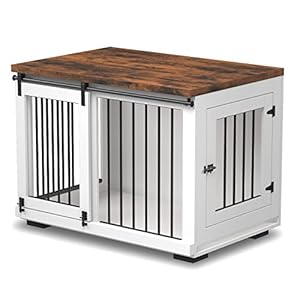 Dog Crate Furniture for Large Dogs Up to 60 lbs. – Barn Door Puppy Kennel w/Thickened Farmhouse Top & Metal Bars – 37” Wide – White Decorative Modern Dog Crate Table, End Table, Nightstand