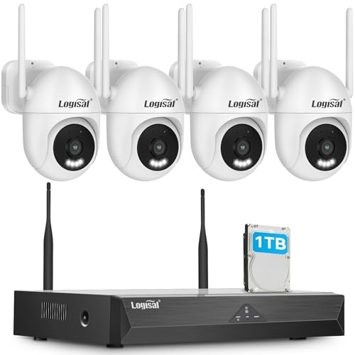 Logisaf 5MP PTZ Kit Telecamere WiFi Esterne, 10CH Videosorveglianza con 4X5MP WiFi Telecamera e 1TB HDD NVR, Registrazione 24/7, Tracciamento Automatico, Visione Notturna a Colori, Audio Bidirezionale