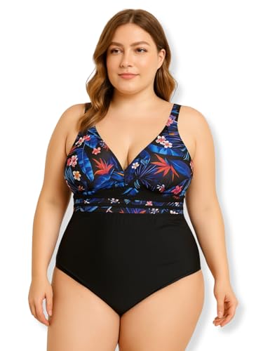 Maiô Feminino Plus Size Tamanho Grande Florido Ideal Praia Piscina (BR, Numérico, 54, Plus Size, Preto)
