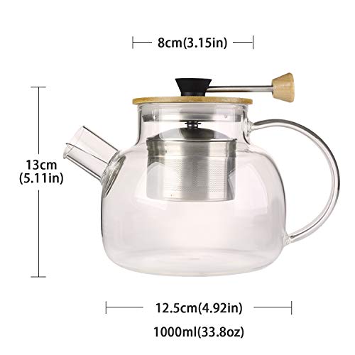 Idealux Glass Tea Pot With Bamboo Lid & Sus304 Stainless Steel Tea Infuser Filter, 34 Oz Stovetop Safe Tea Kettle For Loose Tea #TOP2